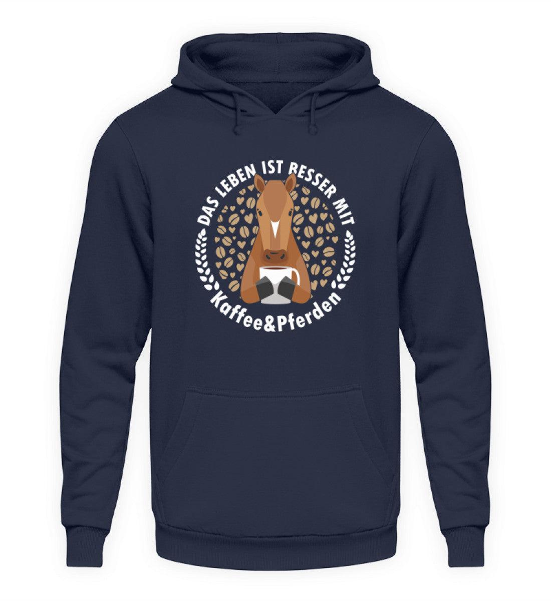 Das Leben ist besser mit Kaffee und Pferden · Unisex Kapuzenpullover Hoodie-Unisex Hoodie-Oxford Navy-S-Agrarstarz