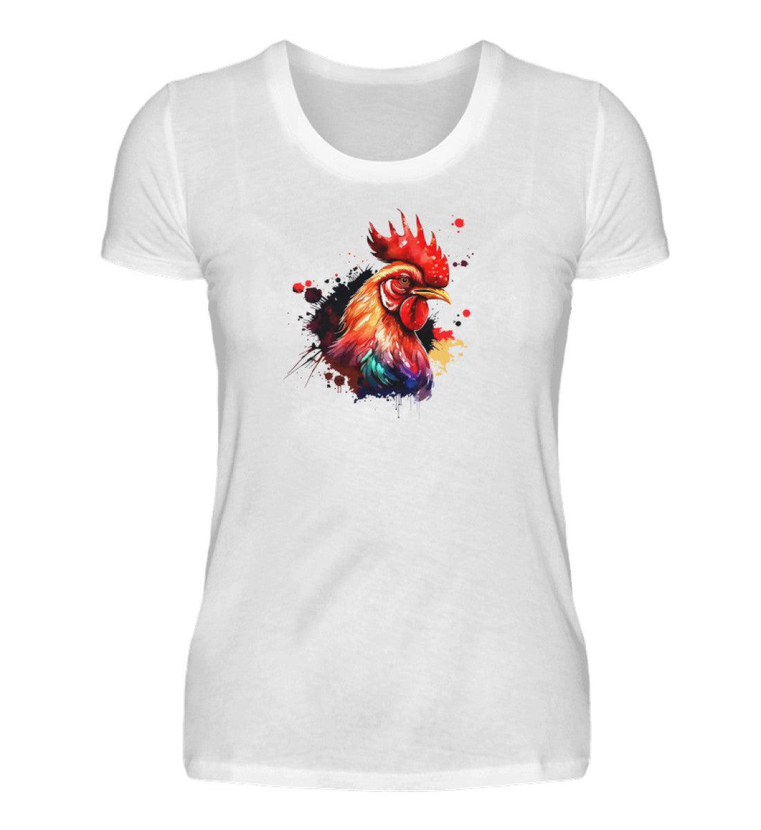 Hahn Wasserfarben 1 · Damen T-Shirt-Damen Basic T-Shirt-White-S-Agrarstarz