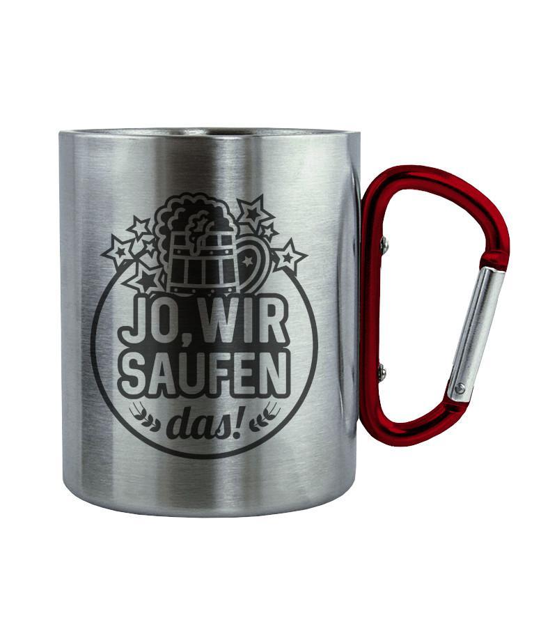 Jo wir saufen das · Edelstahltasse mit Karabiner-Edelstahltasse mit Karabinergriff-Roter Karabiner-200ml-Agrarstarz